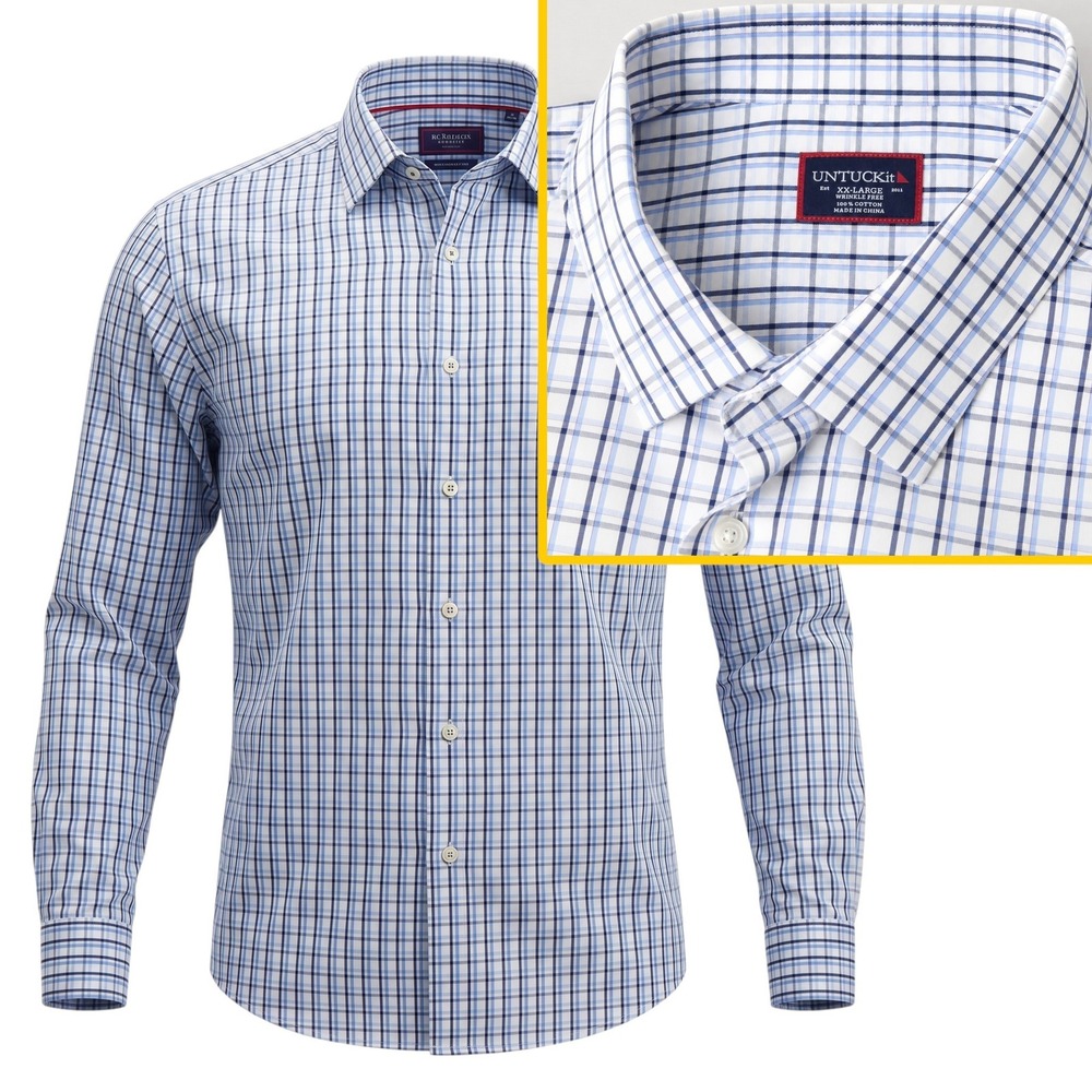 UNTUCKit Button Down Shirt Mens XX-Large Blue Plaid Wrinkle Free Long Sleeve 2XL